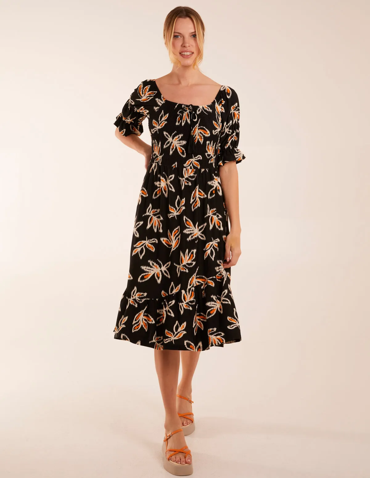 Milkmaid Tiered Puff Sleeve Abstract Print Shirred Midi Dress sold by Blue Vanilla product image thumbnail 3