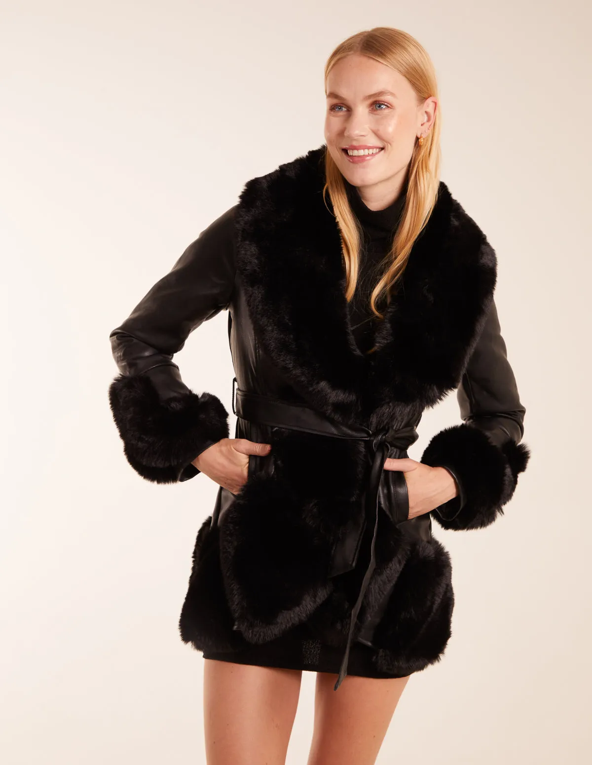 Faux Fur Collar PU Belted Coat sold by Blue Vanilla