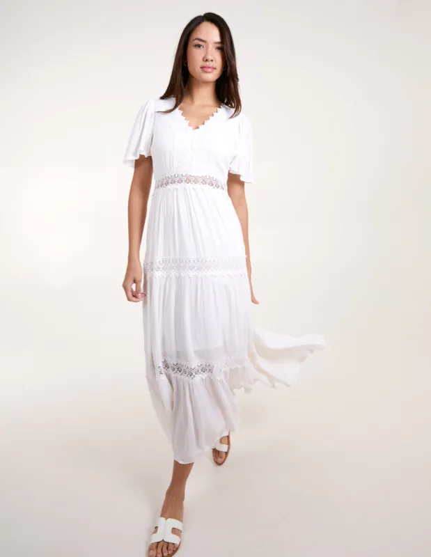 Crochet Detailing Angel Sleeve Tiered Maxi Dress sold by Blue Vanilla