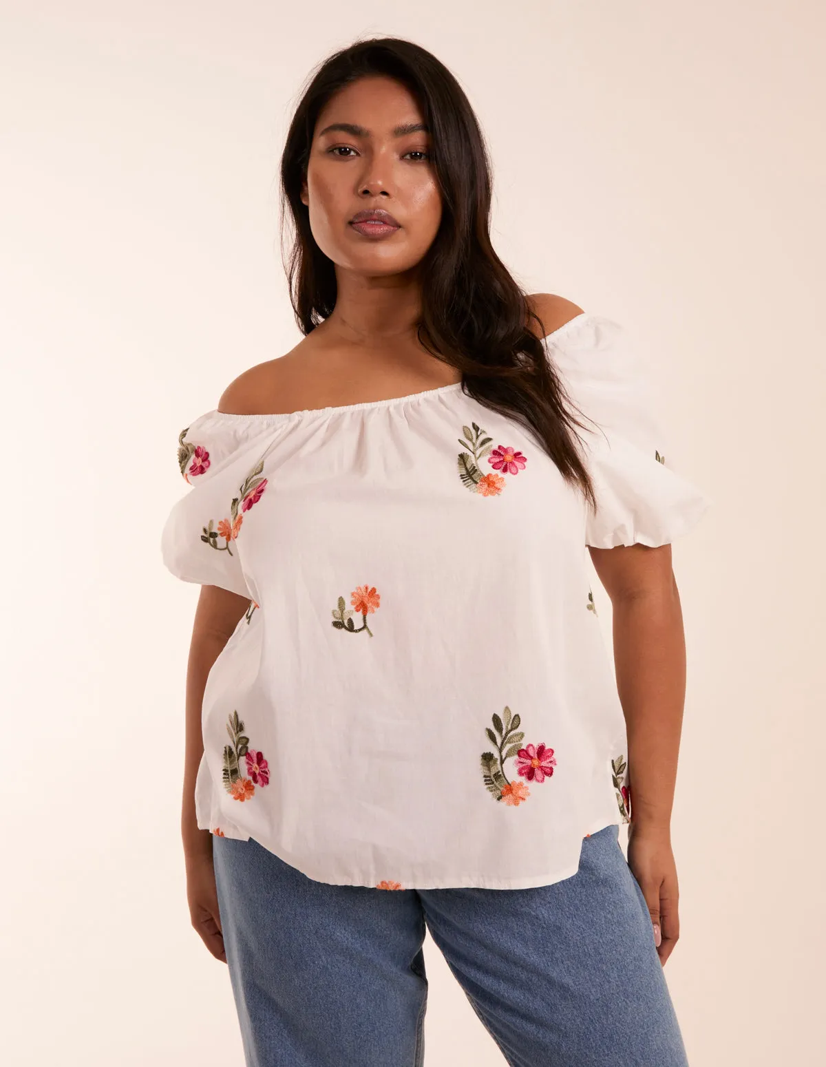 Curve Milkmaid Flower Embroidered Top sold by Blue Vanilla