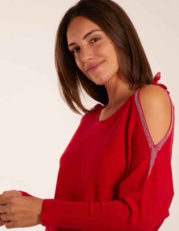 Diamante Bow Shoulder Detailed Batwing Jumper sold by Blue Vanilla