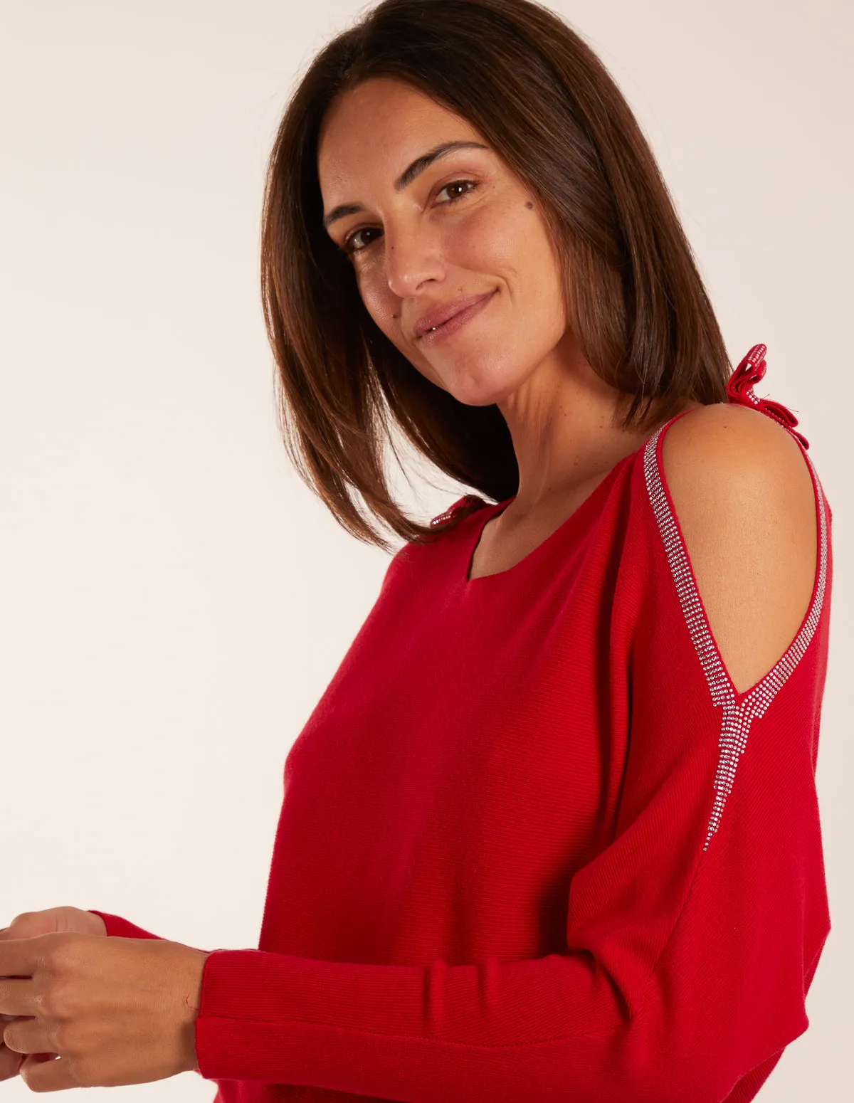 Diamante Bow Shoulder Detailed Batwing Jumper sold by Blue Vanilla