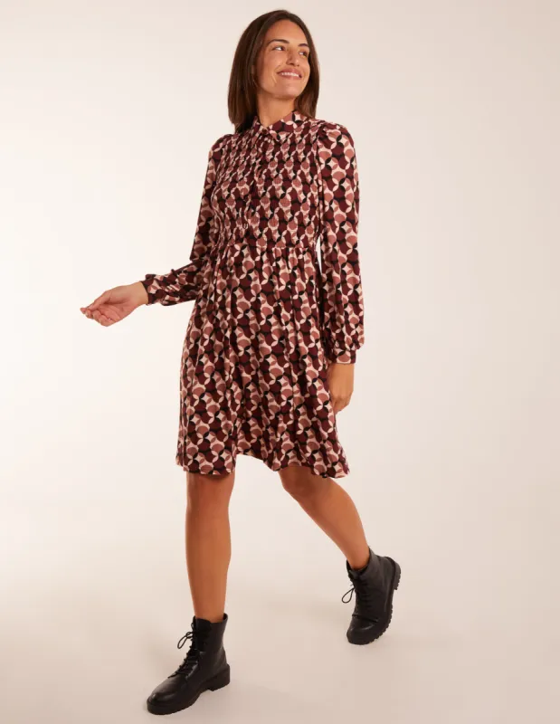 Geometric Print Shirred Bust Long Sleeve Shirt Dress sold by Blue Vanilla