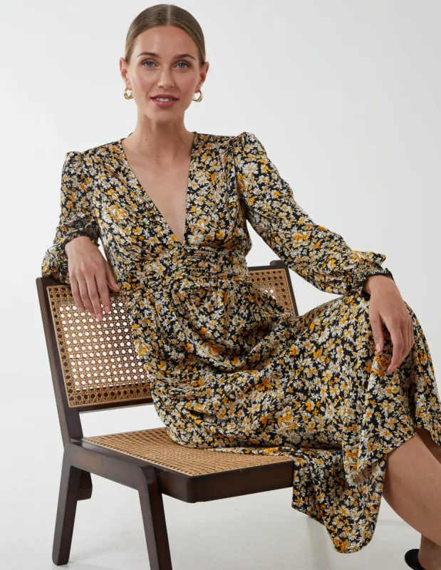 Ruched Deep V Volume Midi Dress sold by Blue Vanilla