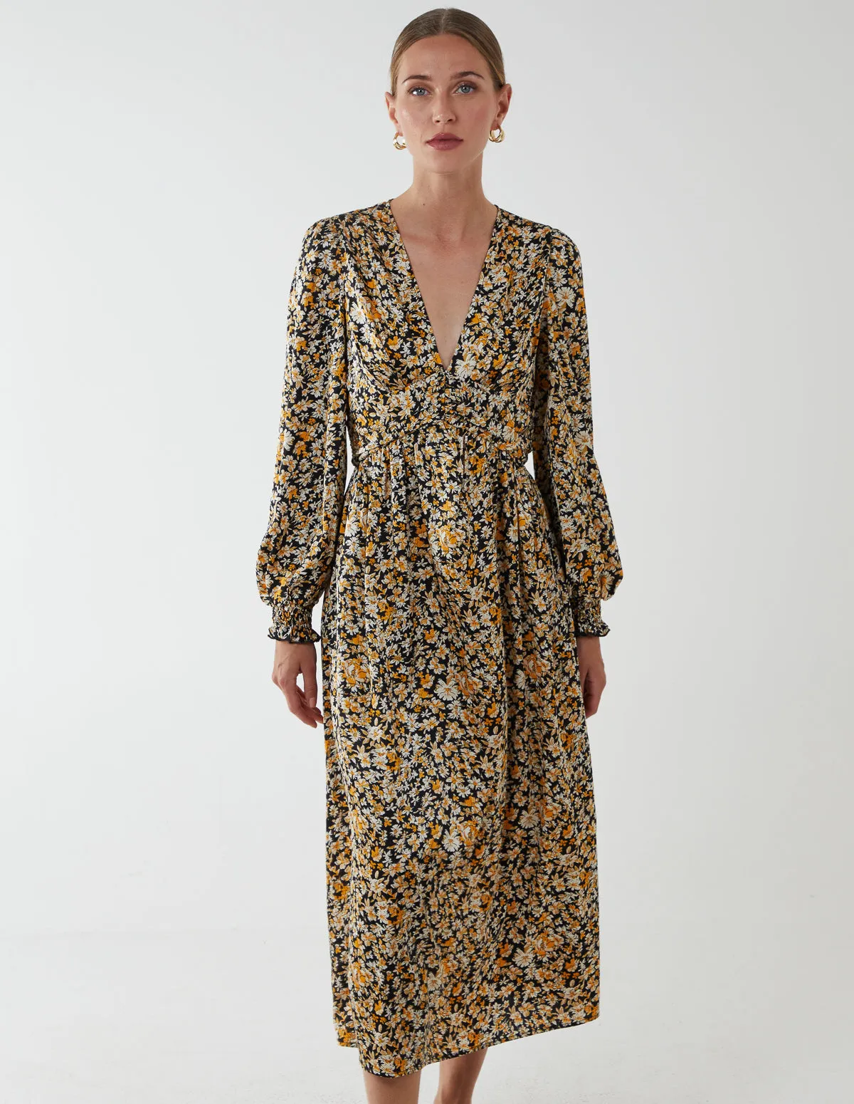 Ruched Deep V Volume Midi Dress sold by Blue Vanilla product image thumbnail 4