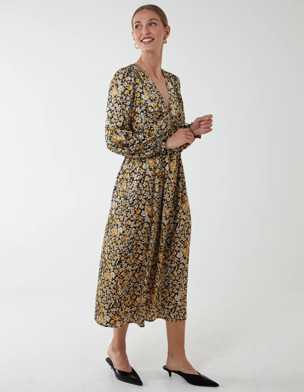 Ruched Deep V Volume Midi Dress sold by Blue Vanilla product image thumbnail 2