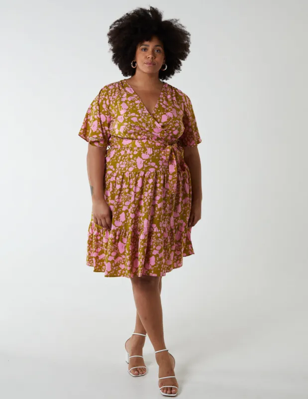 Curve Wrap Front Tier Hem Angel Sleeve Dress sold by Blue Vanilla