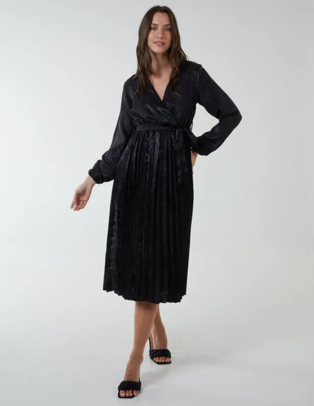 Jacquard Wrap Front Belted Pleated Midi Dress made by Blue Vanilla