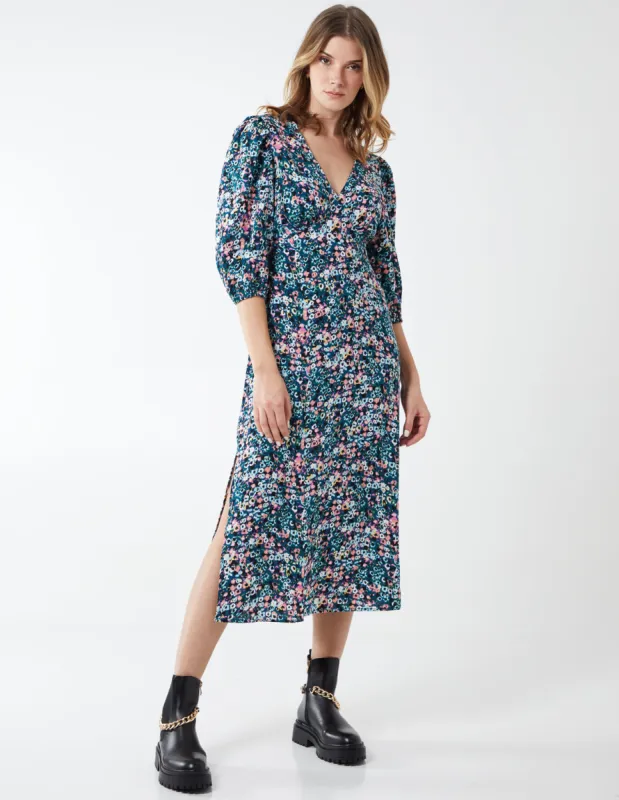 3/4 Puff Frill Sleeve Midi Dress sold by Blue Vanilla