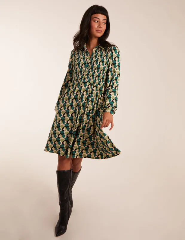 Geometric Print Shirred Bust Long Sleeve Shirt Dress sold by Blue Vanilla