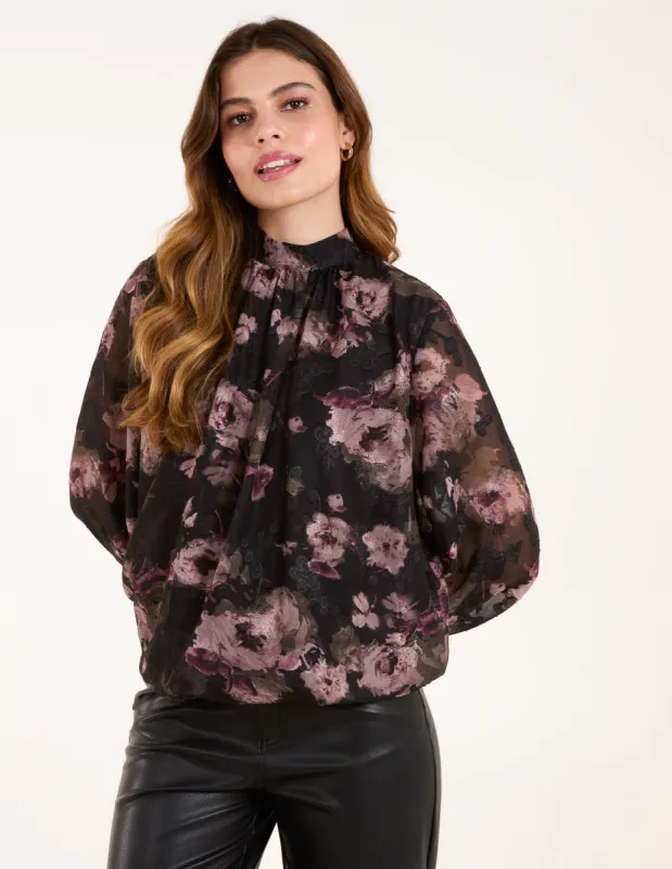 High Neck Bubble Hem Floral Blouse sold by Blue Vanilla