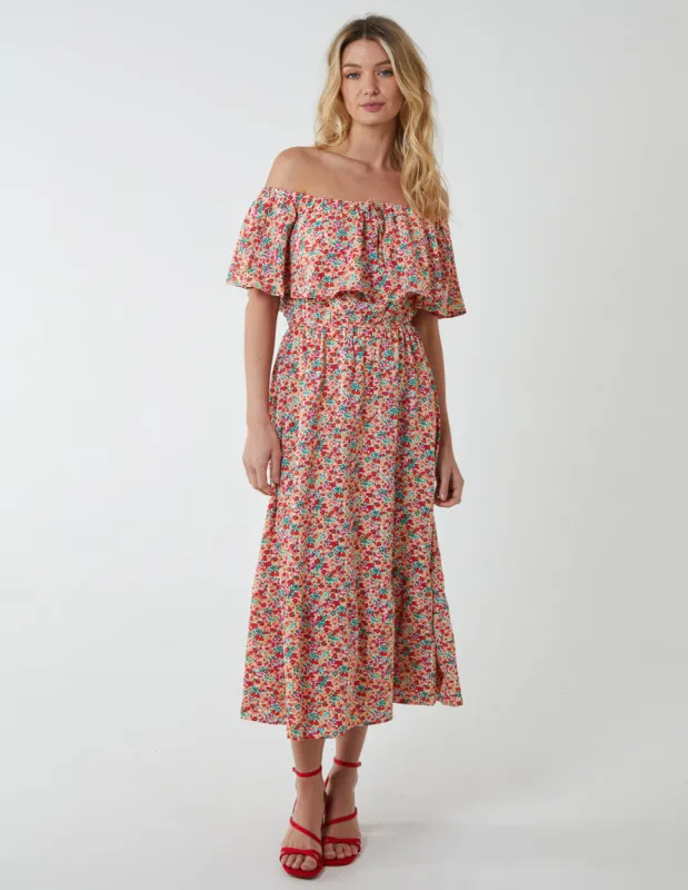 Bardot Ruffle Shoulder Midi Dress sold by Blue Vanilla