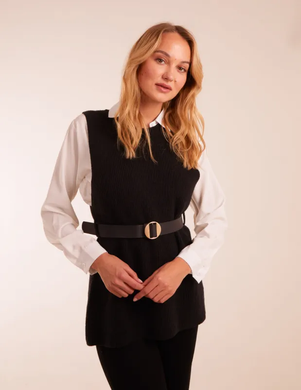 Rib Knit Vest With Blouse With Belt sold by Blue Vanilla