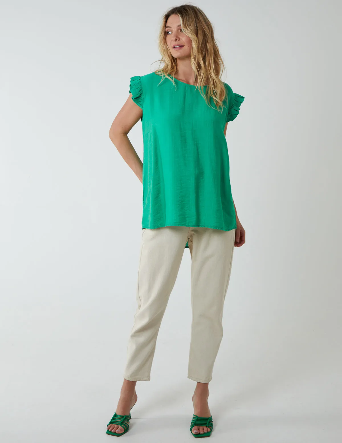 Button Back Frill Shoulder Top sold by Blue Vanilla