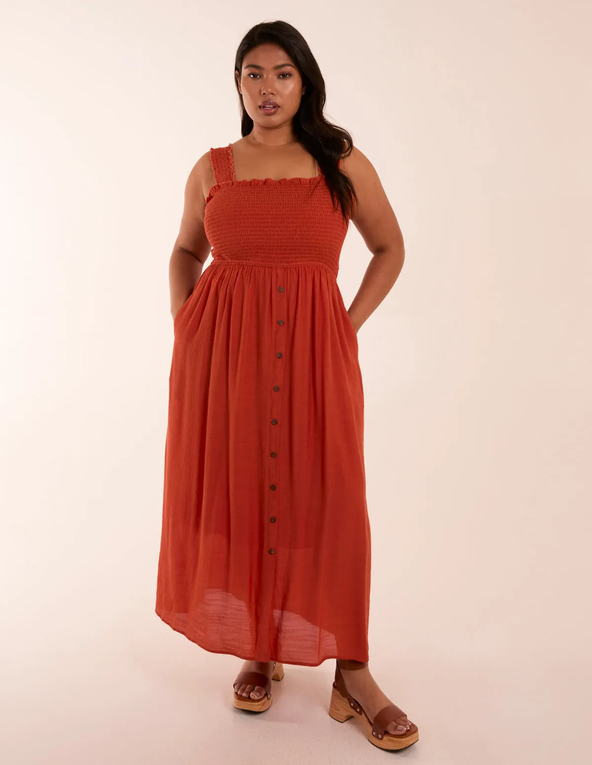Curve Shirred Bust Button Down Midi Dress sold by Blue Vanilla product image thumbnail 4