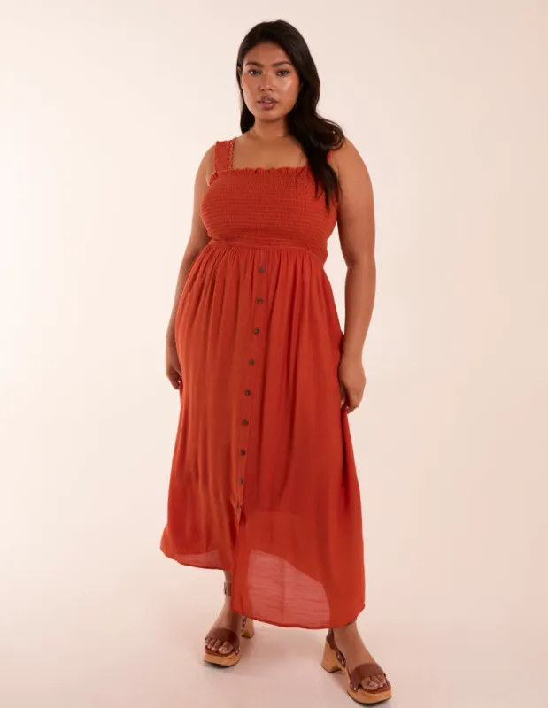 Curve Shirred Bust Button Down Midi Dress sold by Blue Vanilla