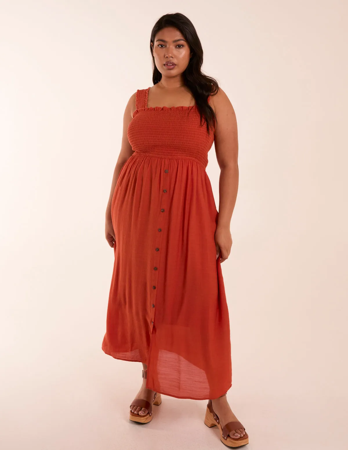 Curve Shirred Bust Button Down Midi Dress sold by Blue Vanilla