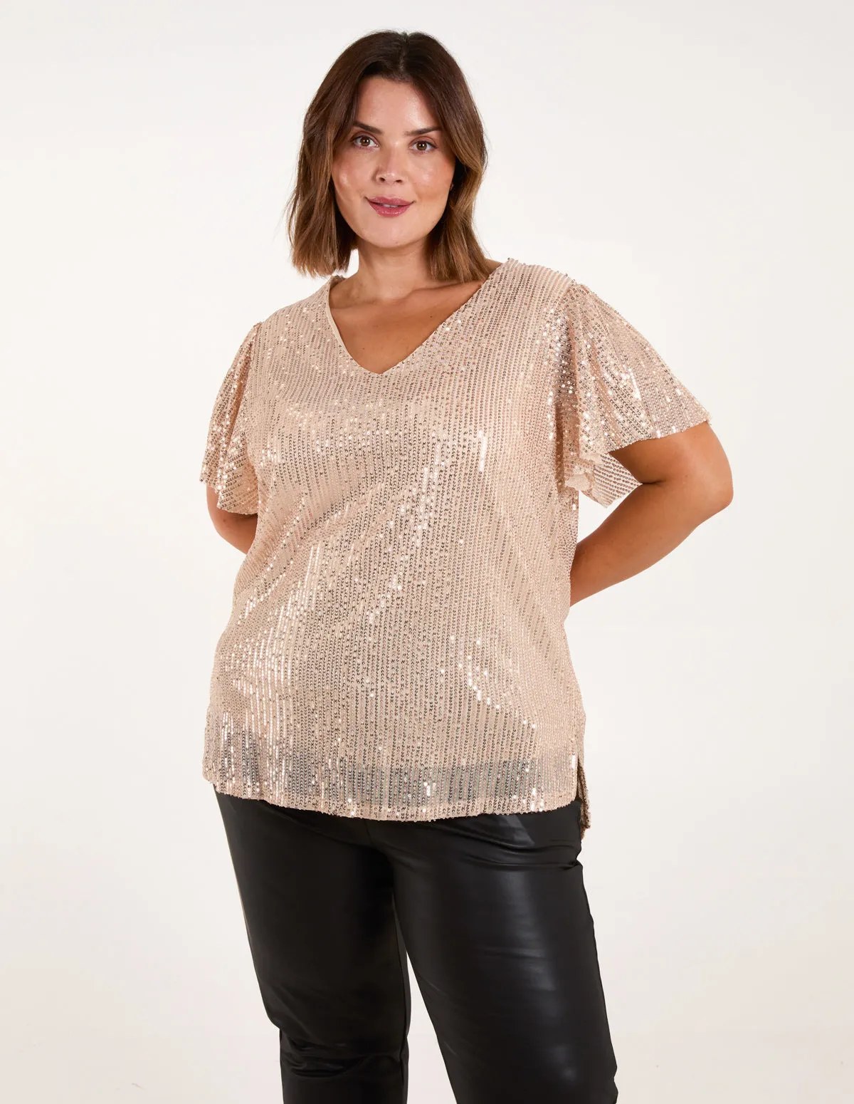 Curve Angel Sleeve V-Neck Sequin Top sold by Blue Vanilla