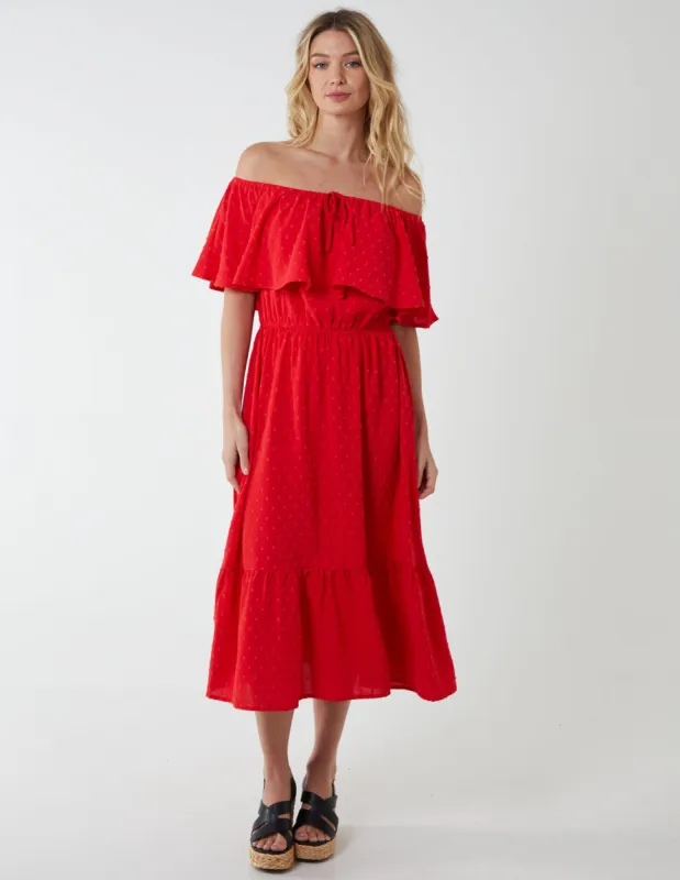 Ruffle Bardot Midi Dress sold by Blue Vanilla