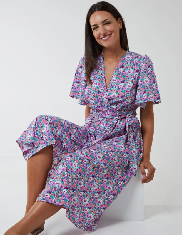 Floral Angel Sleeve Midi Dress sold by Blue Vanilla