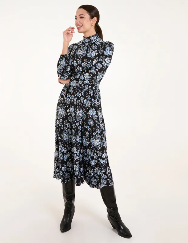 High Neck Shirred Floral Midi Dress sold by Blue Vanilla