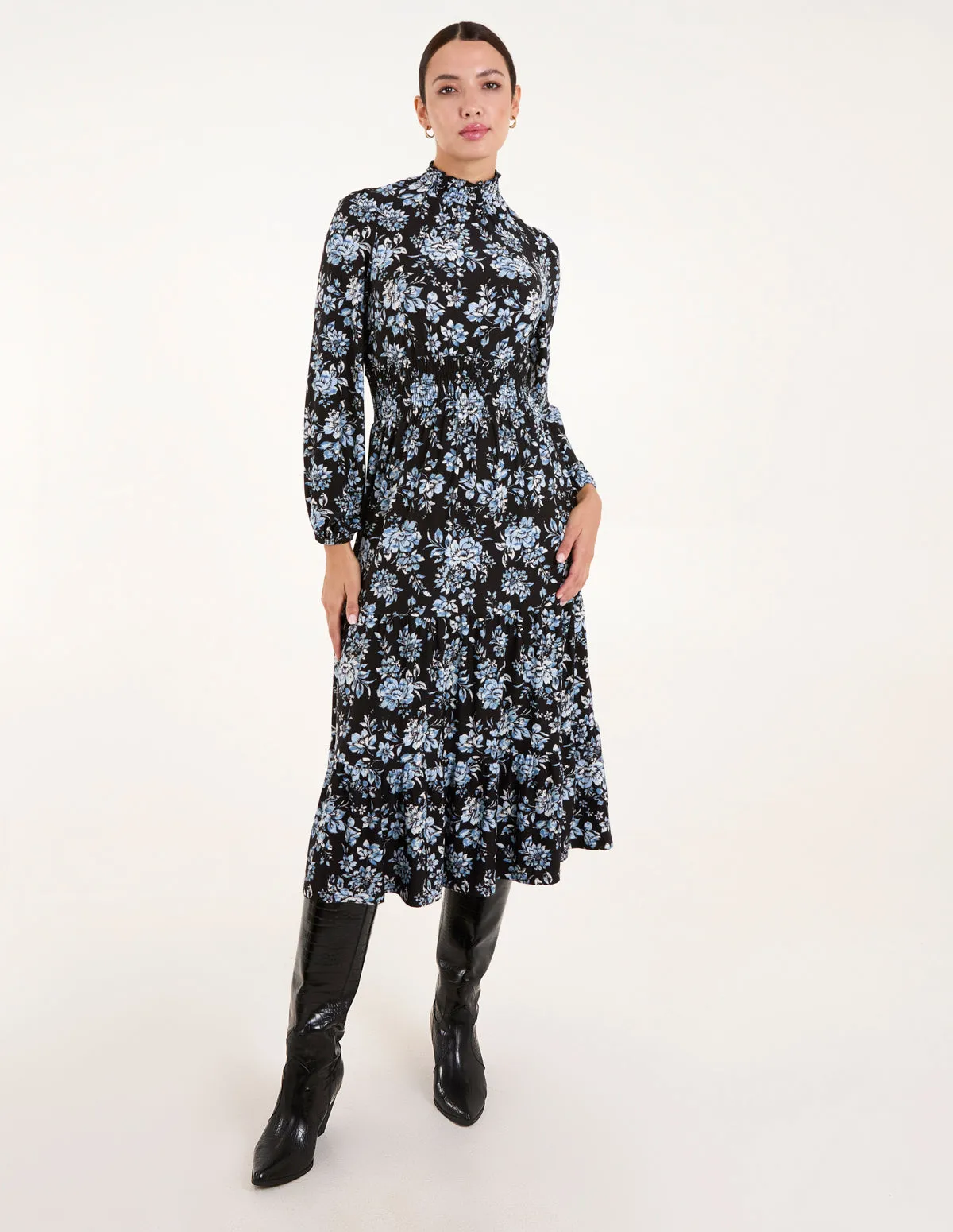 High Neck Shirred Floral Midi Dress sold by Blue Vanilla product image thumbnail 3