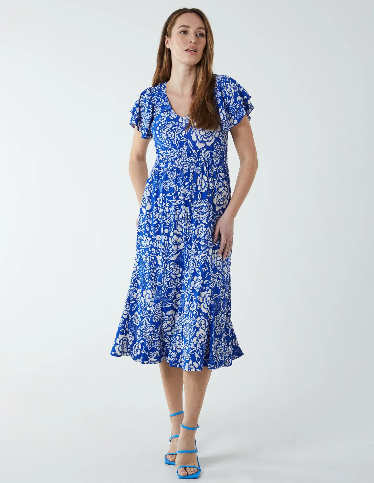 Ruffle Sleeve Elasticated Godet Midi Dress sold by Blue Vanilla