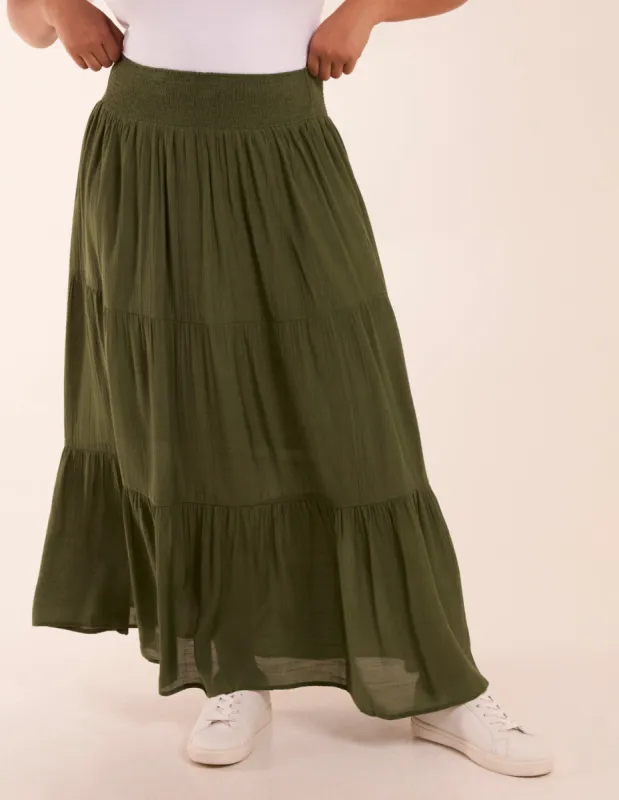 Curve Tiered Shirred Maxi Skirt sold by Blue Vanilla