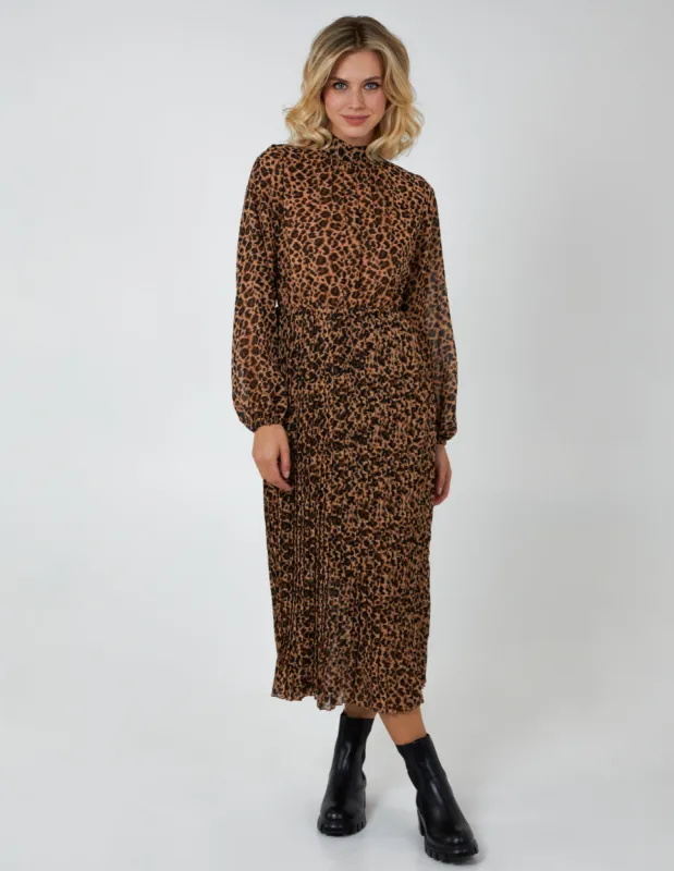 Animal Print High Neck Blouson Pleated Dress sold by Blue Vanilla