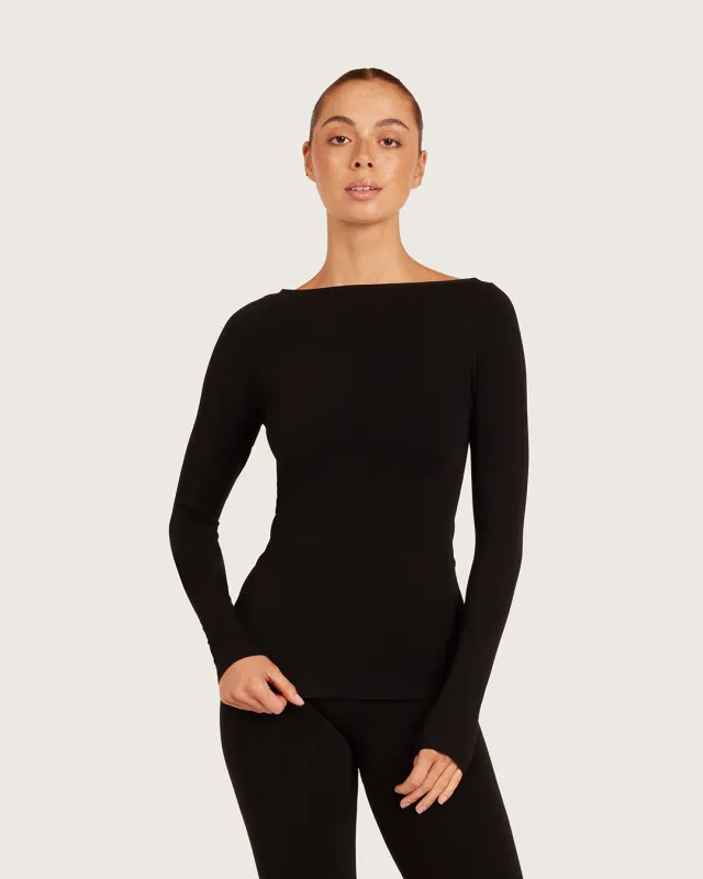 Base Layer Boatneck Long Sleeve Top - Black made by Boody Eco Wear