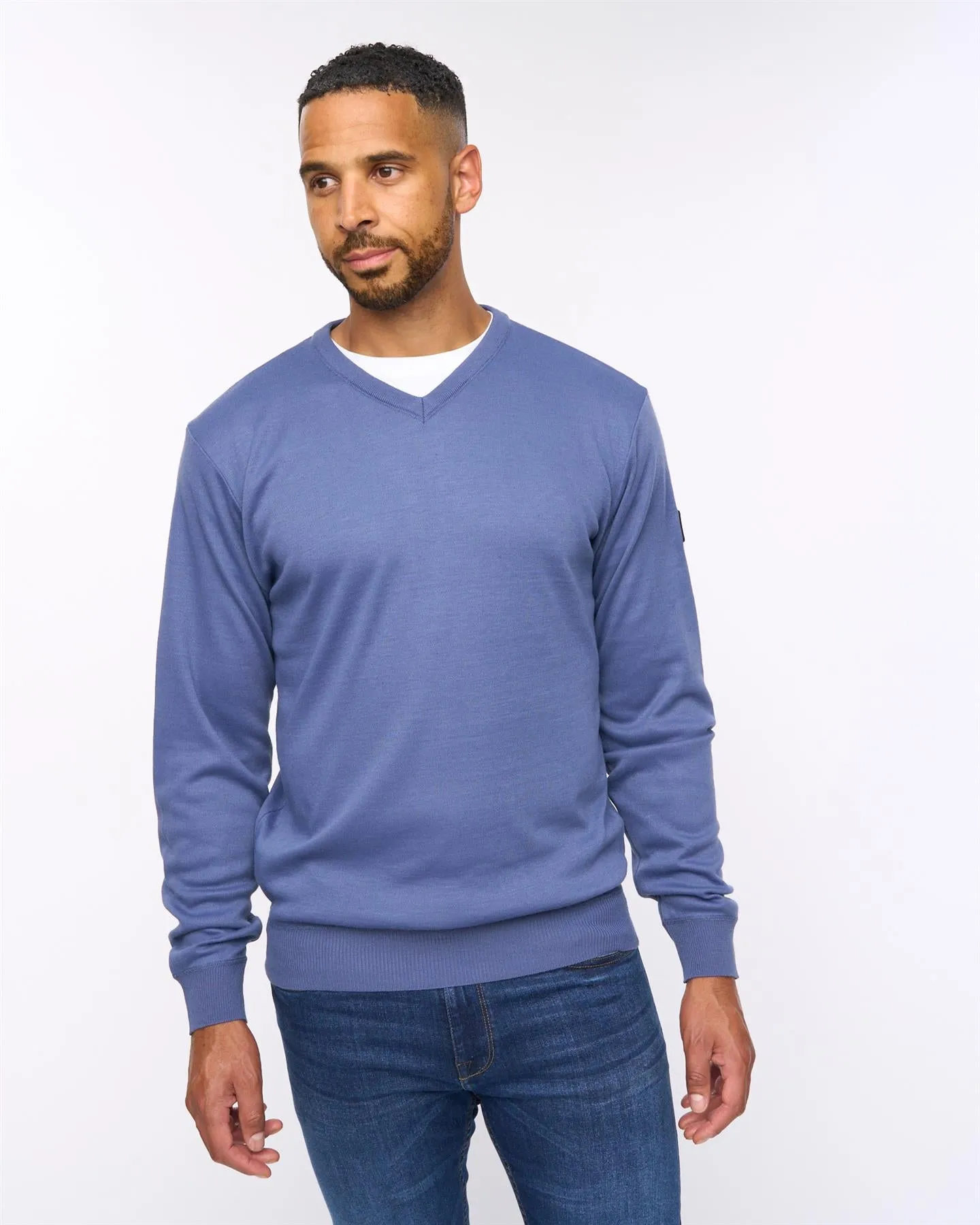 Tinworth V-Neck Jumper Denim Marl sold by Brand Corner