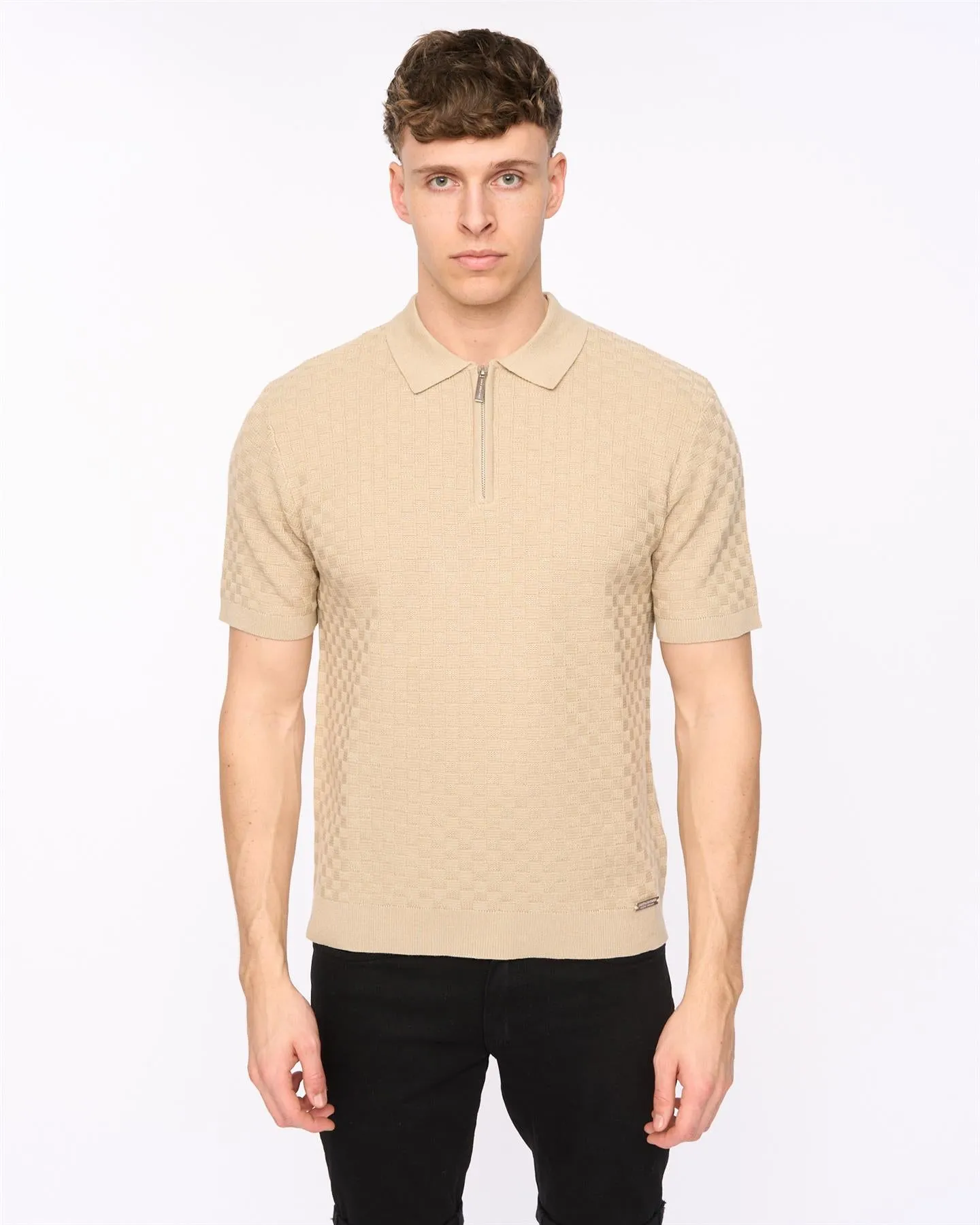 Mens Danvers Zip Knit Polo Stone sold by Brand Corner