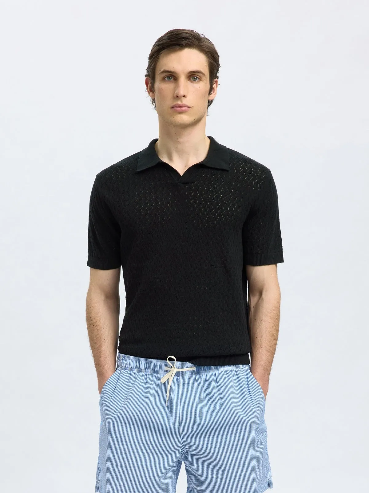 Lino knit crochet open polo skjorte - black sold by Brando product image thumbnail 2
