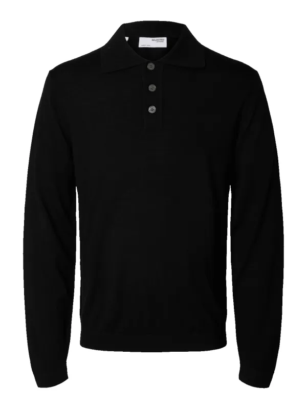 TRAY KNIT MERINO POLO- Black sold by Brando