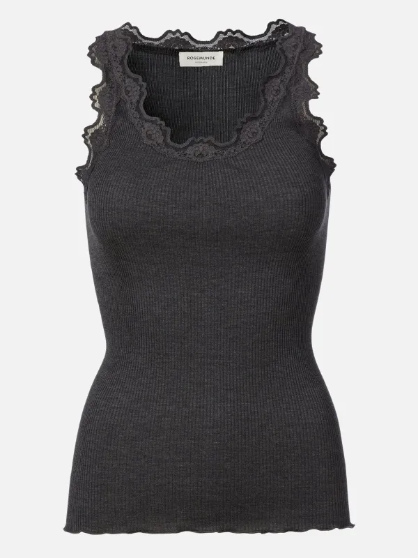 Babette sl u-neck lace top - dark grey melange sold by Brando