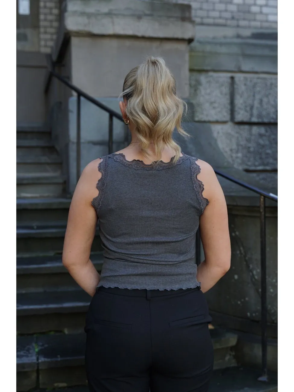 Babette sl u-neck lace top - dark grey melange sold by Brando product image thumbnail 3