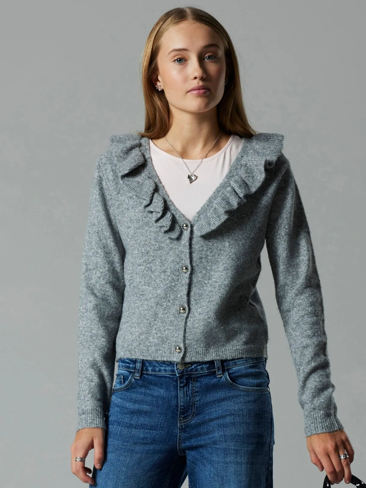 REAVE FLOUNCE STRIKKET CARDIGAN - Light Grey Melange sold by Brando product image thumbnail 4