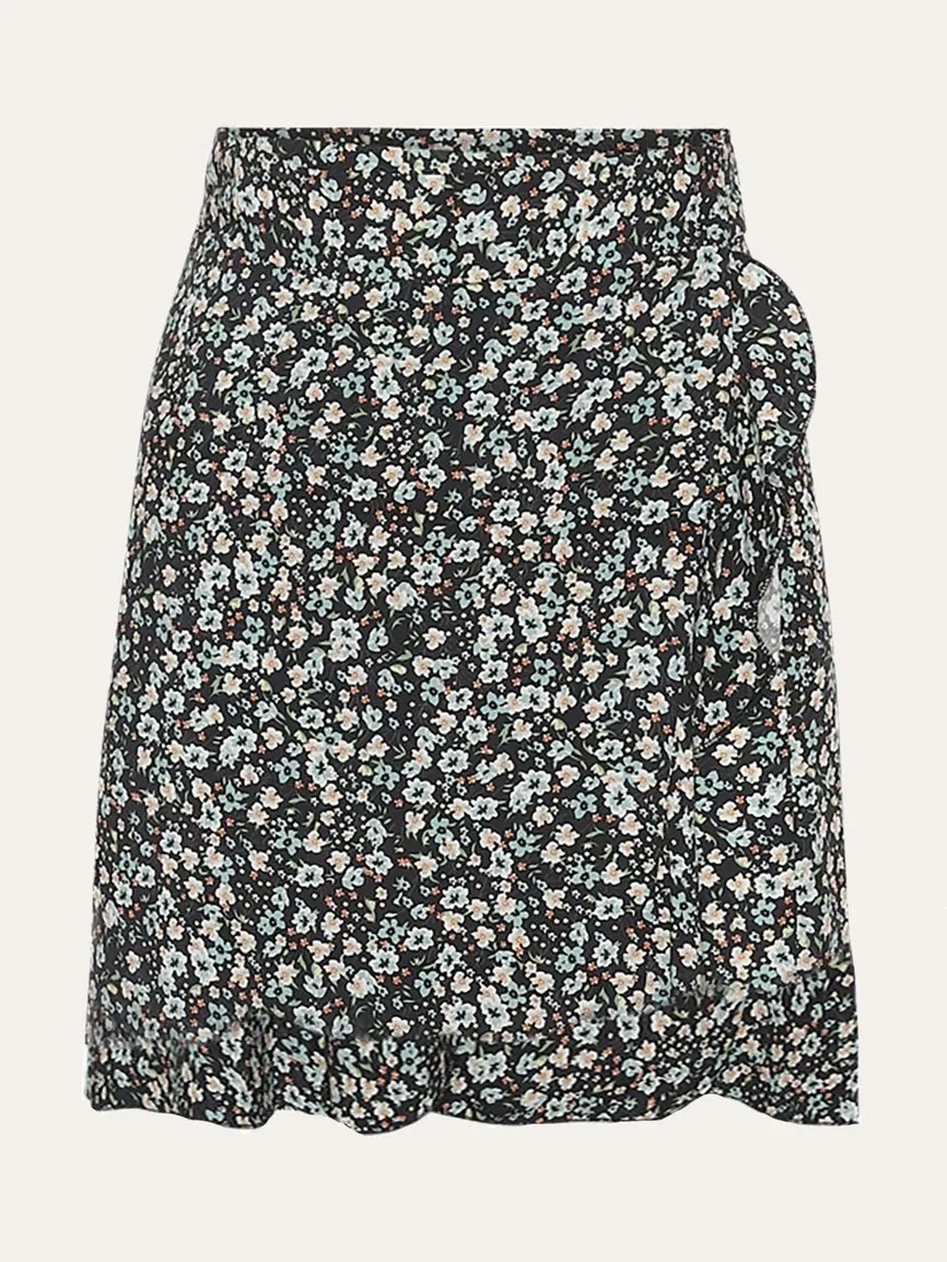 Milly Wrap Skjørt kort - Black/Blue flower sold by Brando