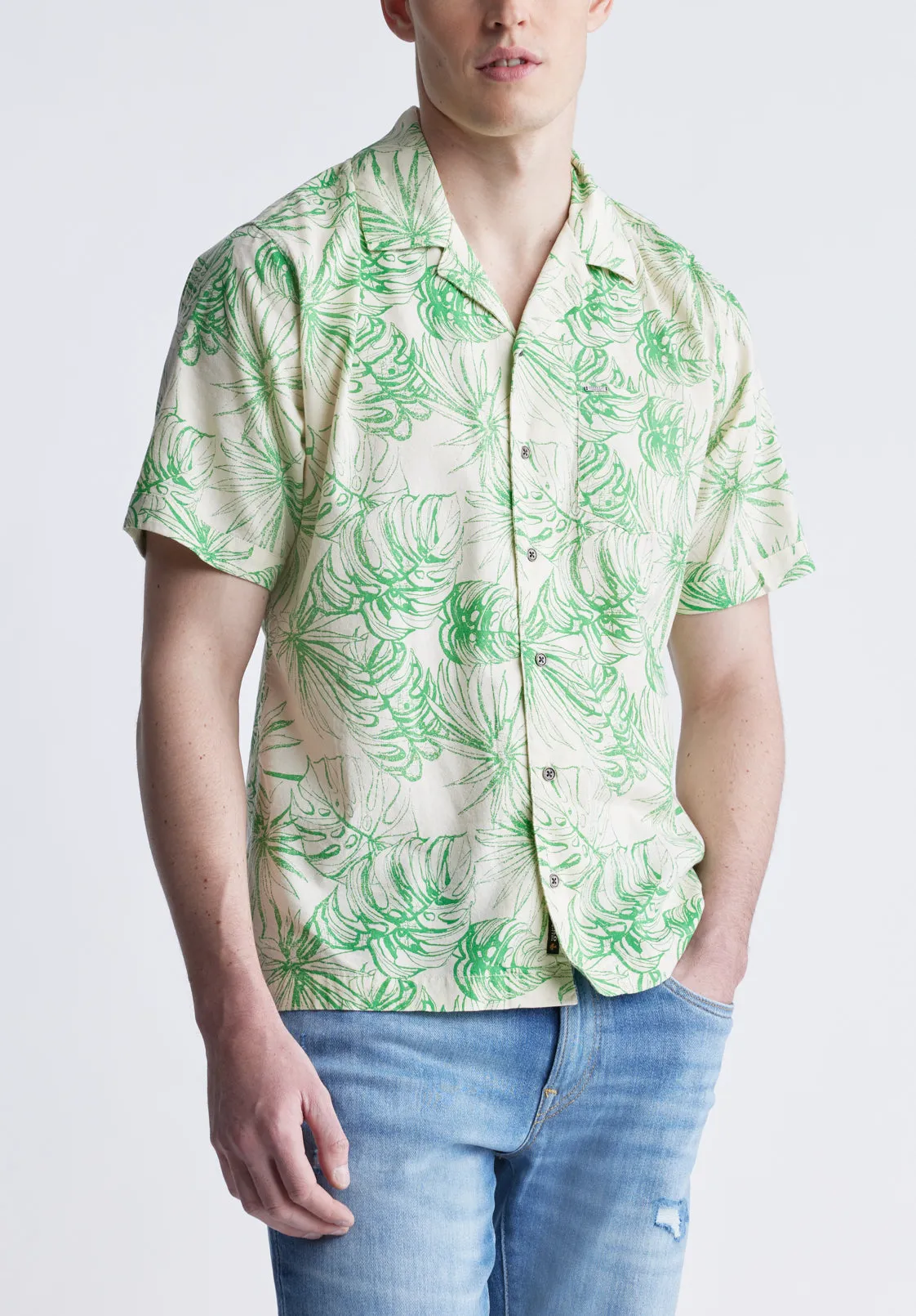 Suresh Men's Short Sleeve Camp Shirt, Beige with Green Print - BM24293 sold by Buffalo Jeans