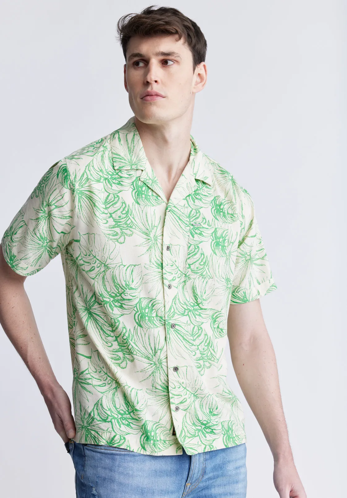 Suresh Men's Short Sleeve Camp Shirt, Beige with Green Print - BM24293 sold by Buffalo Jeans product image thumbnail 2