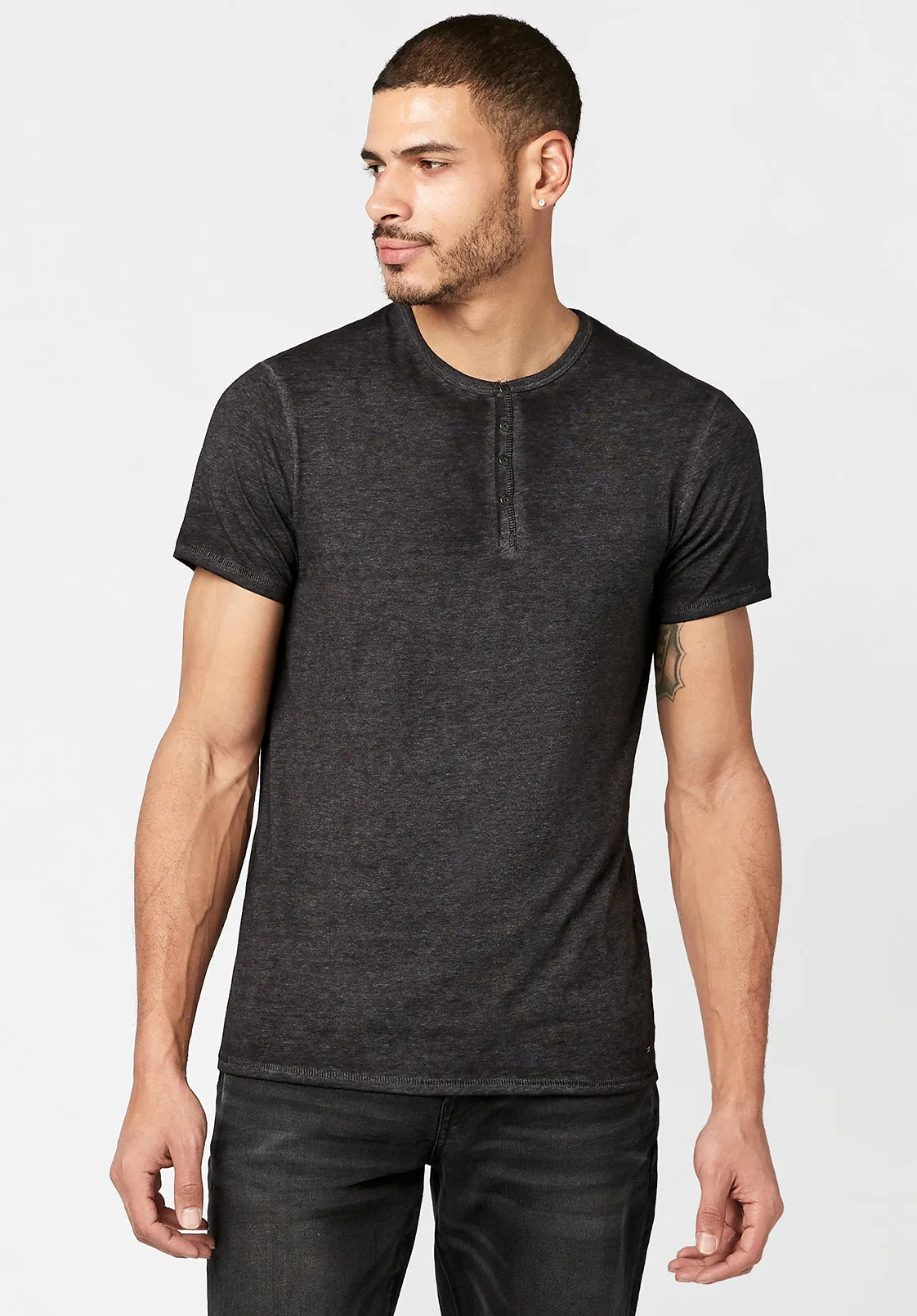 Kasum Buttoned Henley Men's T-Shirt in Black - BM21411 sold by Buffalo Jeans