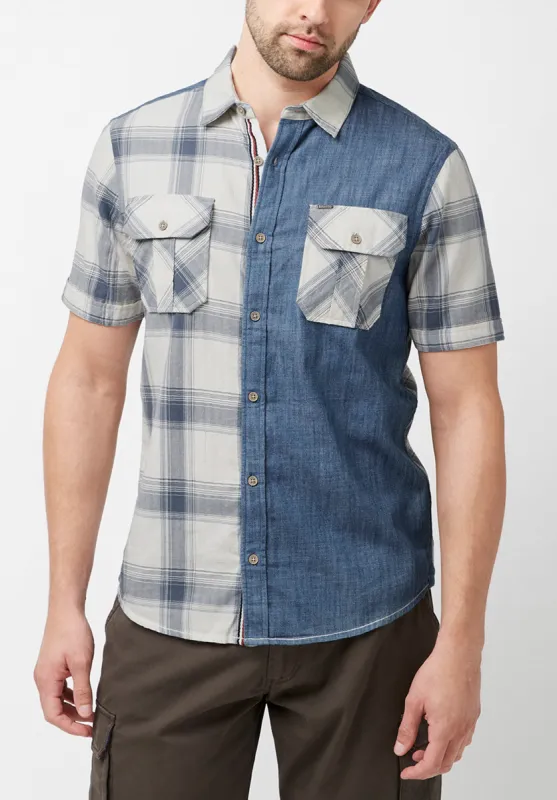 Sage Men's Short Sleeves Shirt in Plaid and Denim Blue - BM23882 made by Buffalo David Bitton