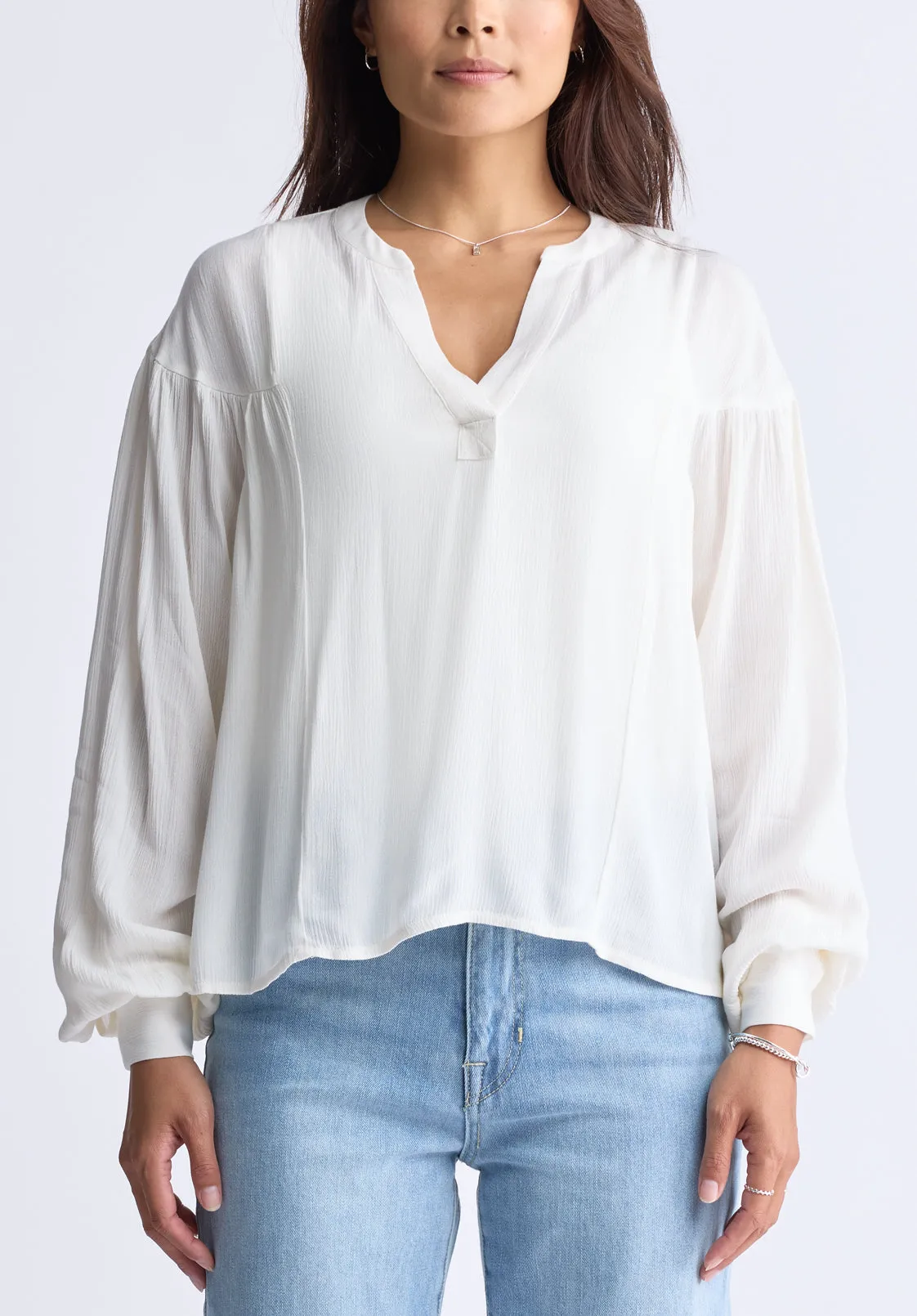 Kensley Women’s Dropped Shoulder V-neck Loose Blouse, White - WT0119F sold by Buffalo Jeans