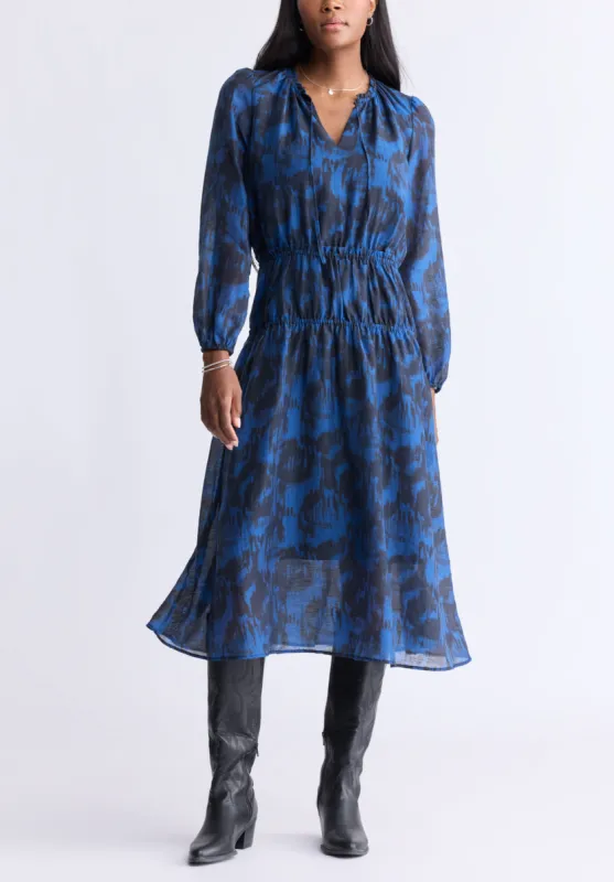 Virlen Women’s Long Sleeve Tie-neck Printed Midi Dress, Navy - WD0062F sold by Buffalo Jeans