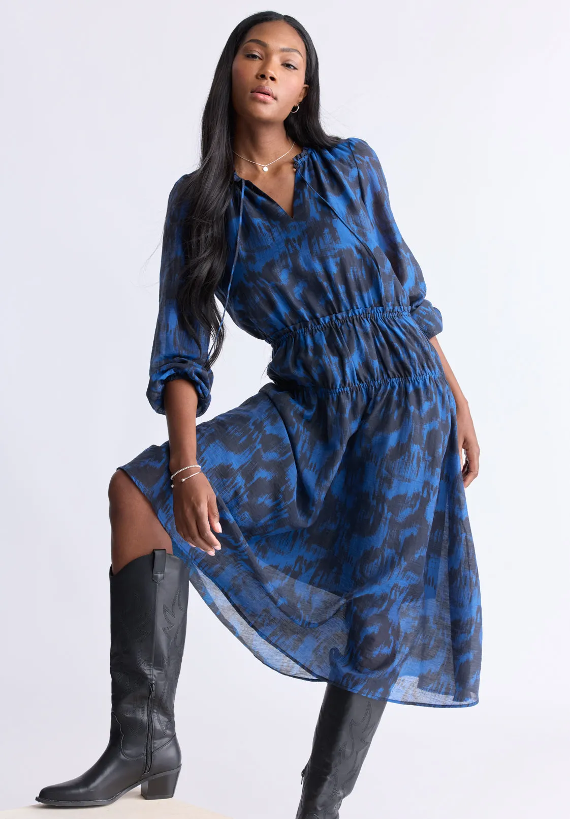 Virlen Women’s Long Sleeve Tie-neck Printed Midi Dress, Navy - WD0062F sold by Buffalo Jeans product image thumbnail 2