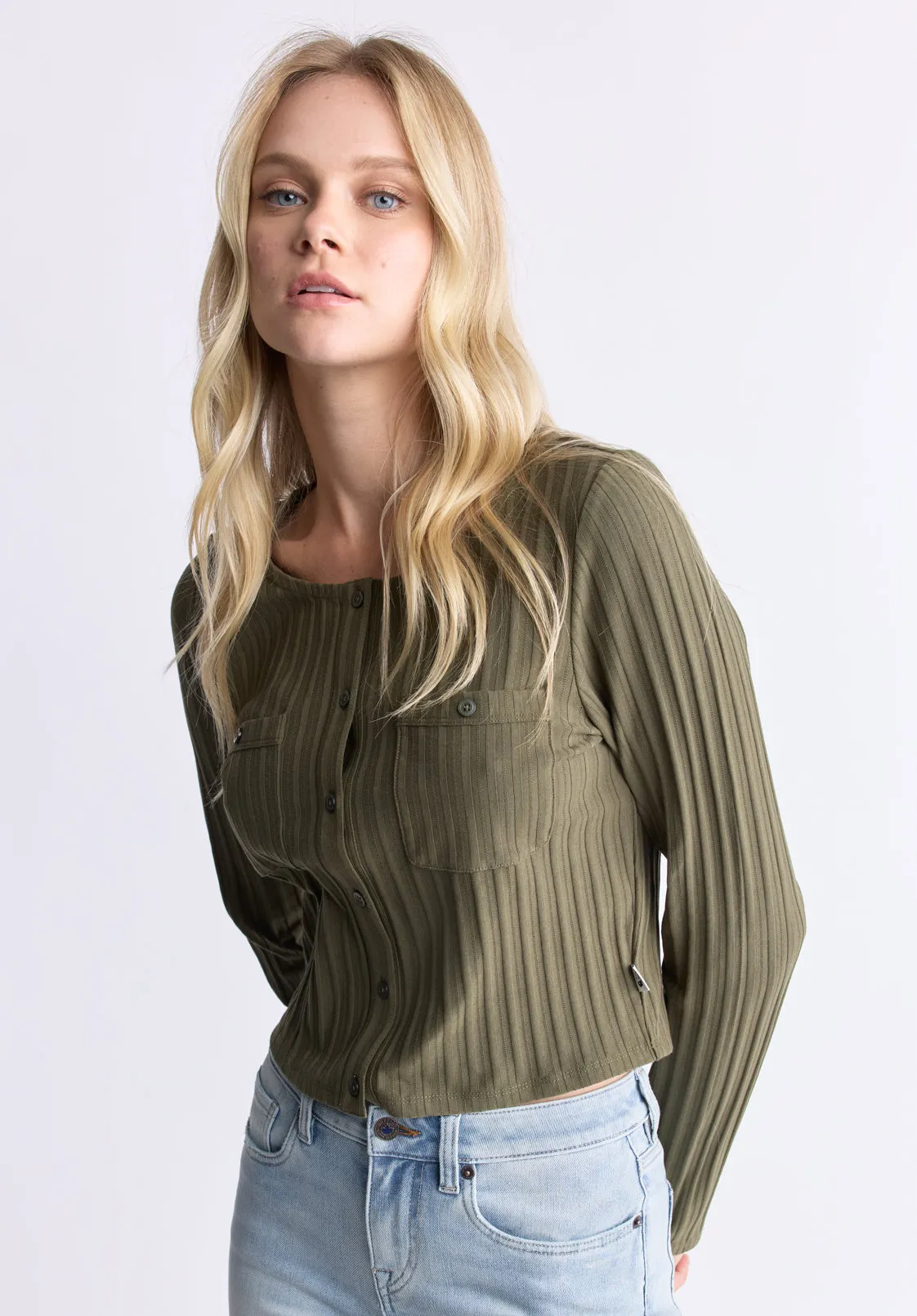 Albertina Women's Ribbed Button-Front Top, Olive - KT0205H sold by Buffalo Jeans product image thumbnail 2