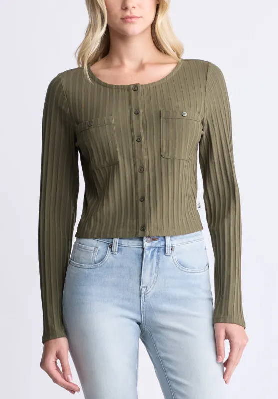 Albertina Women's Ribbed Long-Sleeve Button-Up Top, Olive Green - KT0205H sold by Buffalo Jeans