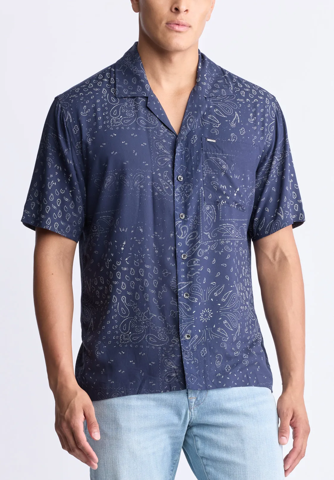 Santi Men's Paisley Print Short-Sleeve Shirt, Midnight Blue - BM24521 sold by Buffalo Jeans