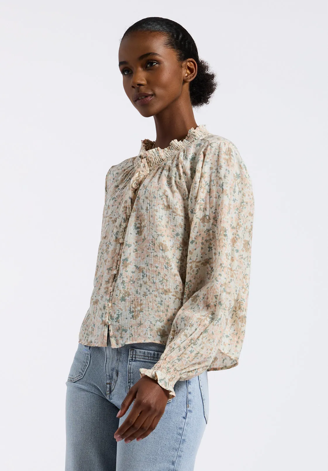 Maylah Women's Floral Print Long-Sleeve Smocked Blouse, Tan Floral - WT0174P sold by Buffalo Jeans product image thumbnail 3