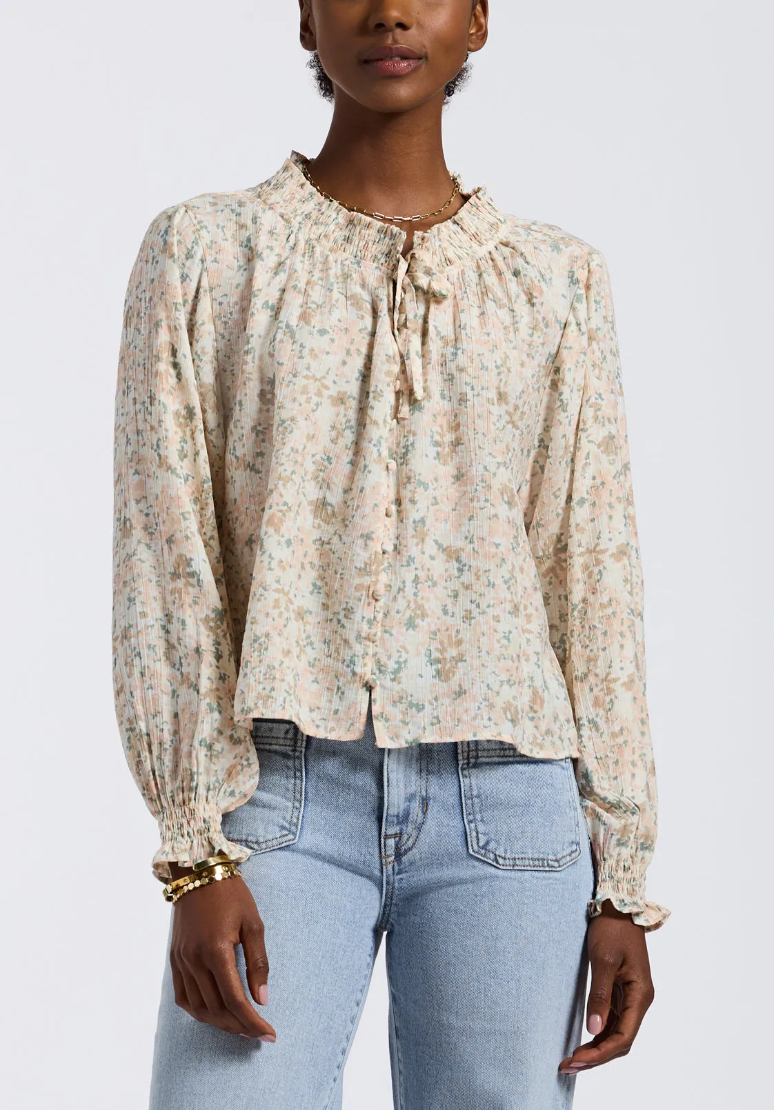 Maylah Women's Floral Print Long-Sleeve Smocked Blouse, Tan Floral - WT0174P sold by Buffalo Jeans